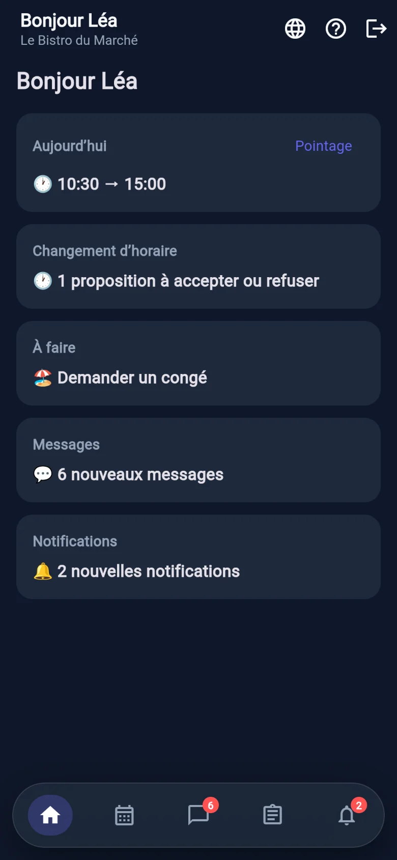 Accueil de l’app salarié : la journée, un changement d’horaire à accepter, les messages et notifications