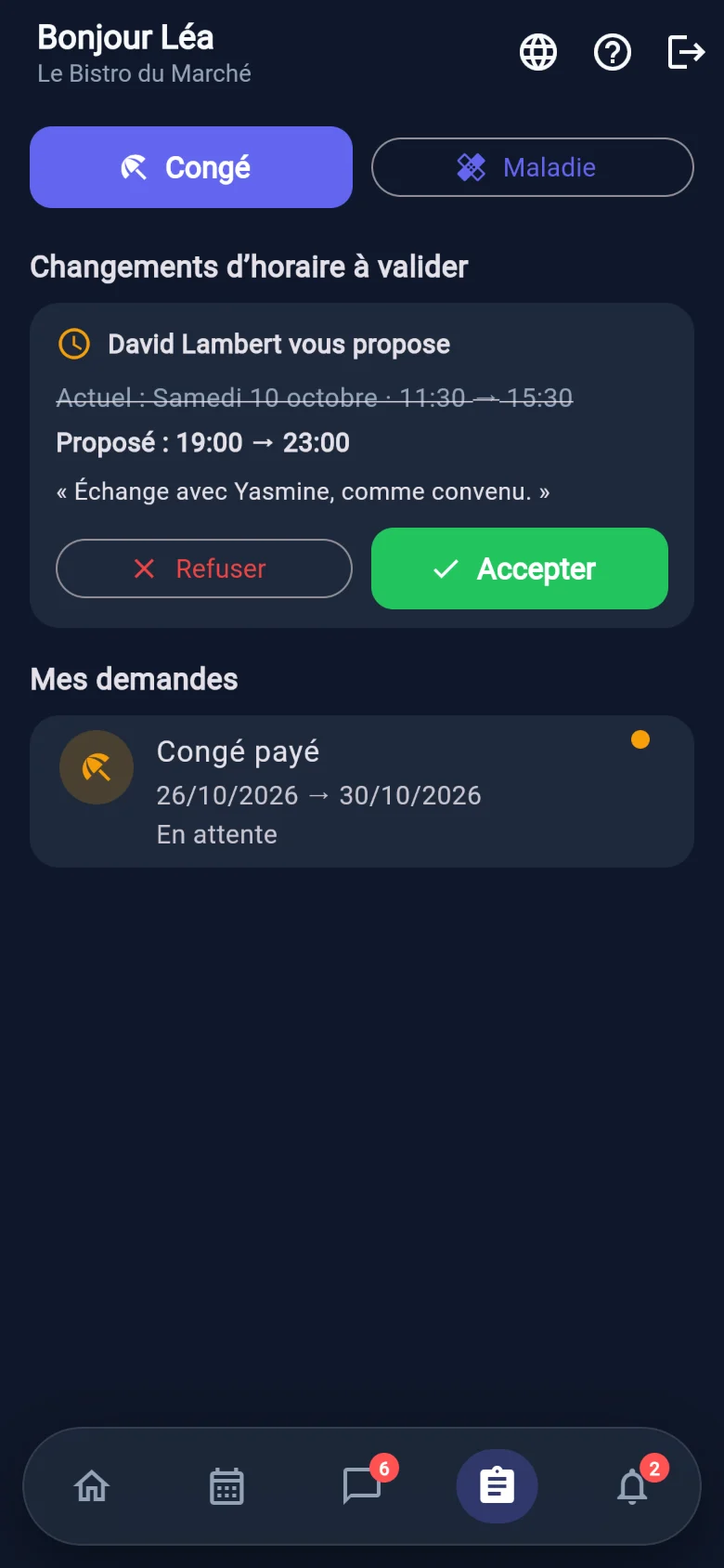 Demandes dans l’app : un nouvel horaire proposé par le responsable, à accepter ou refuser, et une demande de congé en attente